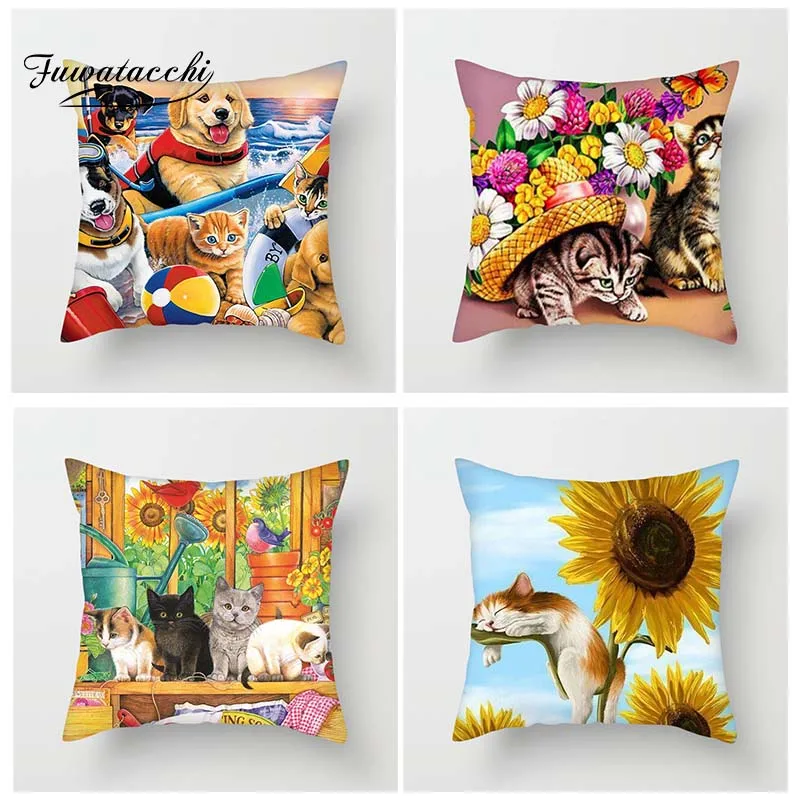 Fuwatacchi чехлы для подушек с изображением животных диванных подсолнуха мака Китти