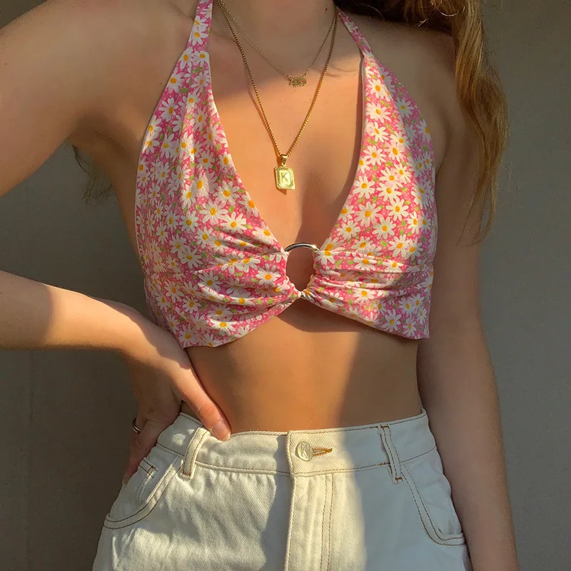 

2021 Summer Camis Women Sexy Deep V-neck Floral Print Crop Top Y2k Kawaii Fairy Cottagecore Daisy Ring Back Tie Vest Gothic Tops