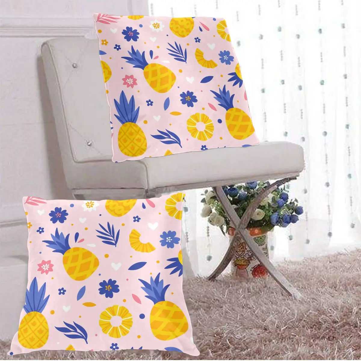 

2Pcs Square Pillow Case Pineapples Flowers Leaves Decorative Cushion Pillow Cover for Bedroom Living Room Home Hall Art Decor