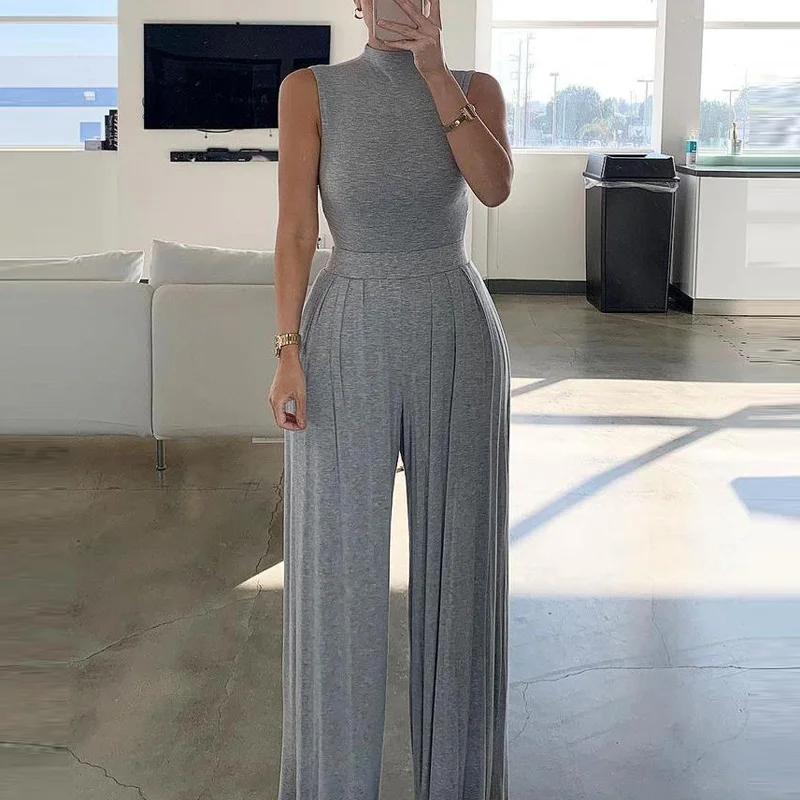 

New One Shoulder Sleeveless Office Lady Jumpsuit Spring Ruched Wide Leg Pants Women Romper Summer 2021 Solid High Waist Overalls