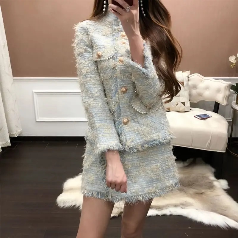 

Tweed Short Skirt Women Two Piece Set Autumn Office Lady Outfits Female Jacket Skirt Set With Tassel High Quality Fashion