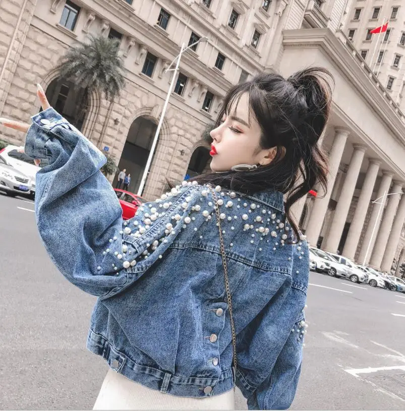 

Women's Beaded denim jacket coats autumn new pearl loose thin personality coat denim bomber jackets wild short cropper top OL