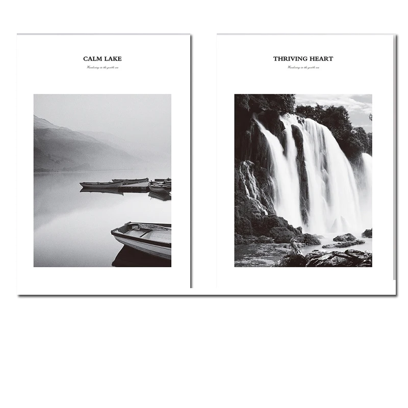 Пейзаж со спокойным озером и водопадом HD фото черно-белый холст постер с принтом