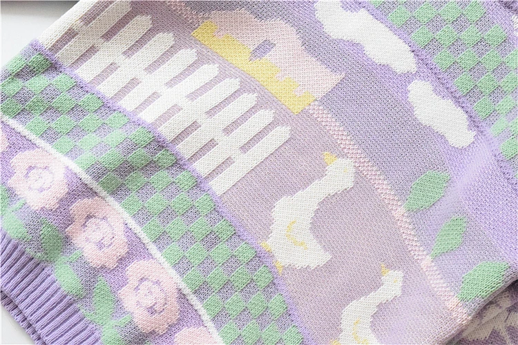 Вязаный свитер с вышитой уткой из мультфильма 2019 Зимний фиолетовый теплый