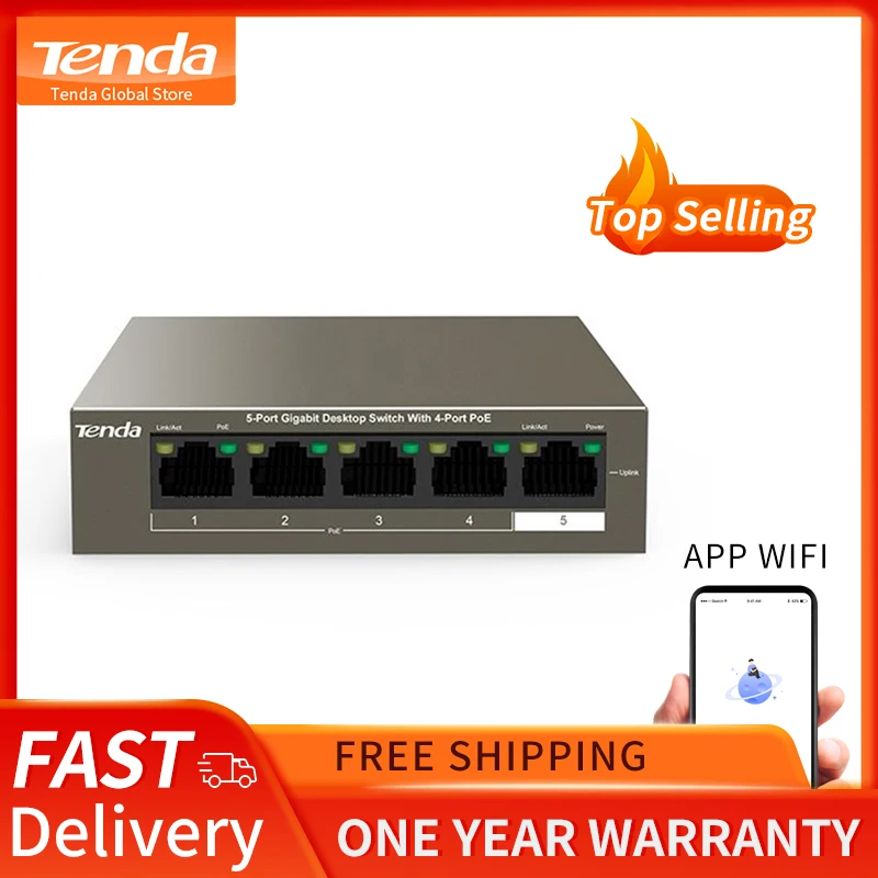 Настольный коммутатор Tenda TEG1105P-4-63W Switch с 5 портами Gigabit с 4 портами PoE VLAN для передачи питания и данных для AP, IP-камеры - изображение