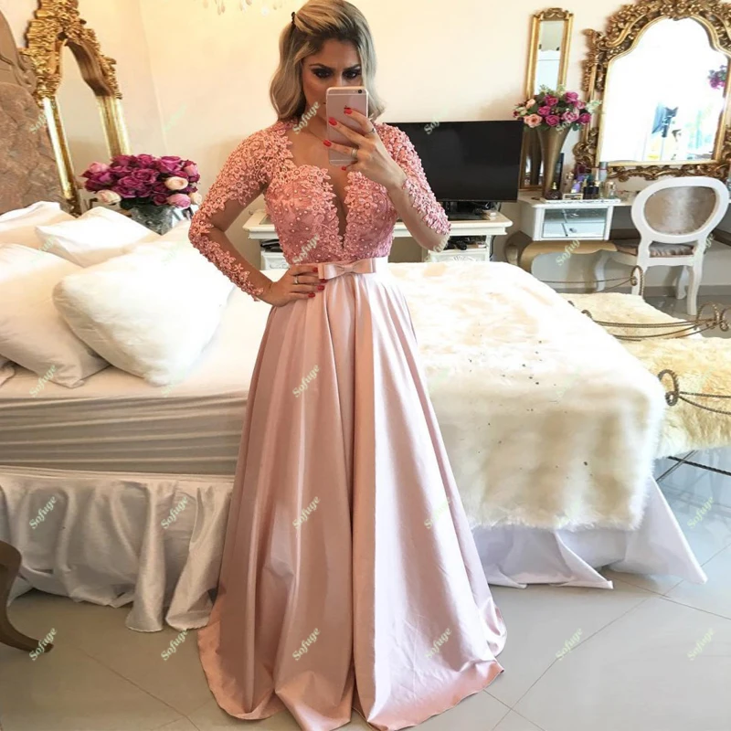 

Blush Pink Satin Pearls Aline Illusion Bodice Evening Dresses Scoop Prom Saudi Arabic Special Dubai Engagement Robe De Soiree