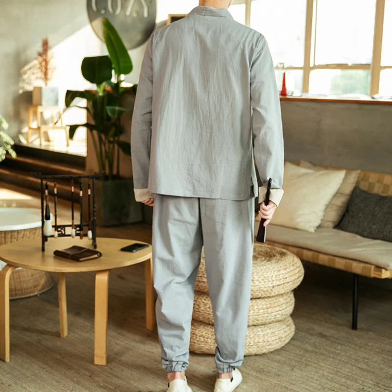 

IEFB Auspicious Crane Embroidery Chinese Style Casual Tops + Loose Comfortable Cotton Linen Two Pieces Set For Men 2021 New 6031