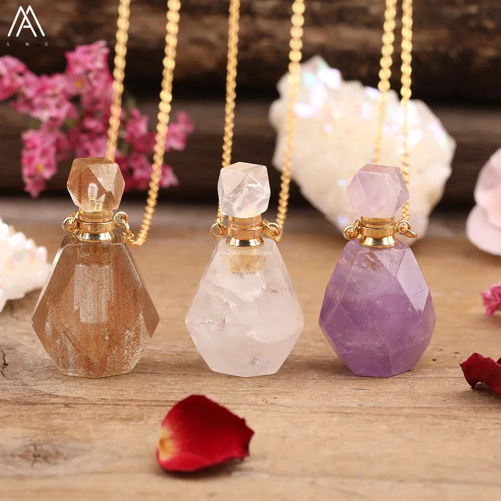 

Champagne Glass Crystal Stone Faceted Perfume Bottle Pendant Chains Necklace Women Gems Stone Essential Oil Diffuser Jewelry