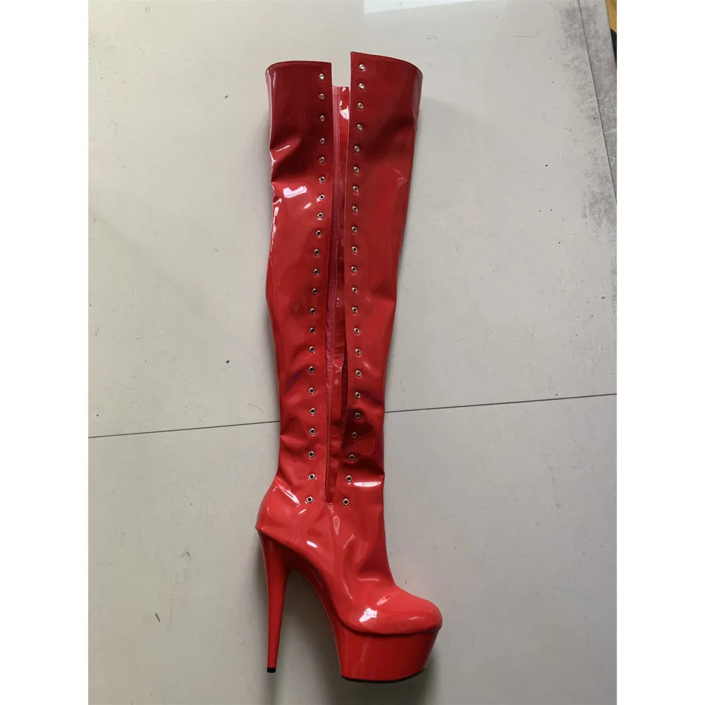 Women Christmas Red Round-toe Platform High-heeled Stiletto Over-the-knee Boots Side Lace-up Hollow Black Stretch Female | Обувь