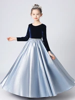 long sleeve children formal gown dresses elegant o neck floor length navy blue flower girl dresses for wedding