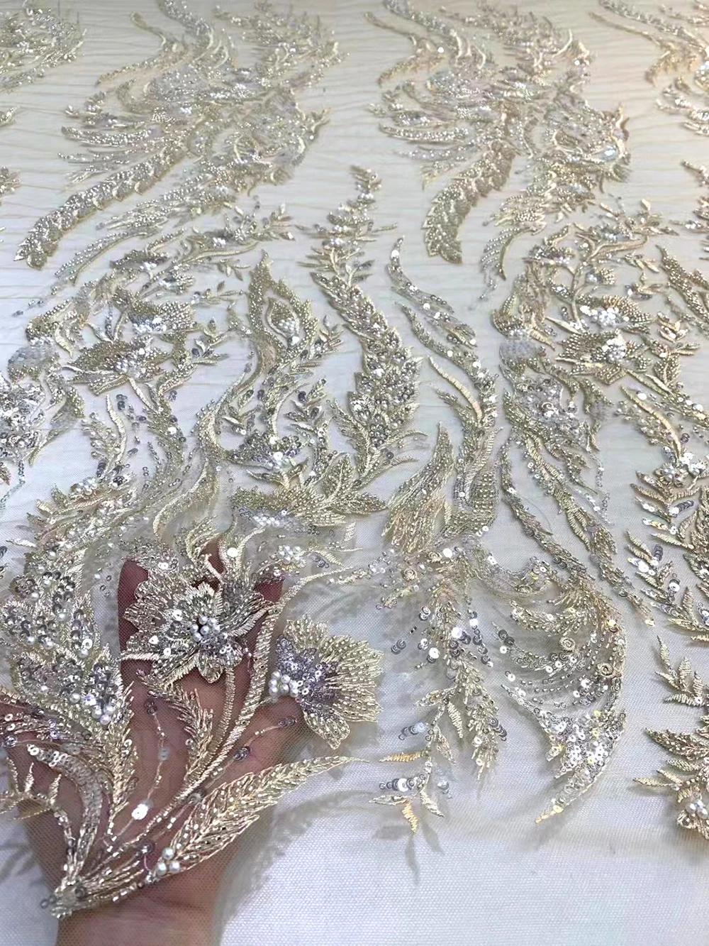 

White/Blue/Red/Green/Champagne/Rose Gold Bridal Heavy Beaded Tulle Lace Floral Embroidery Fabric Applique for Sewing Party Dress
