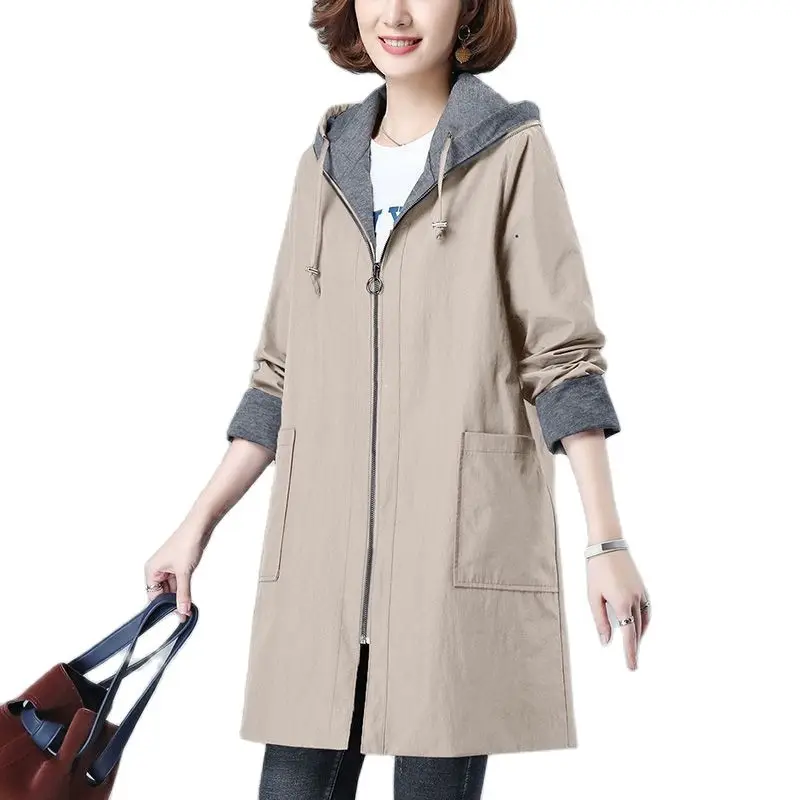 Повседневная Женская ветровка 7XL демисезонный тренчкот цвета хаки Свободное