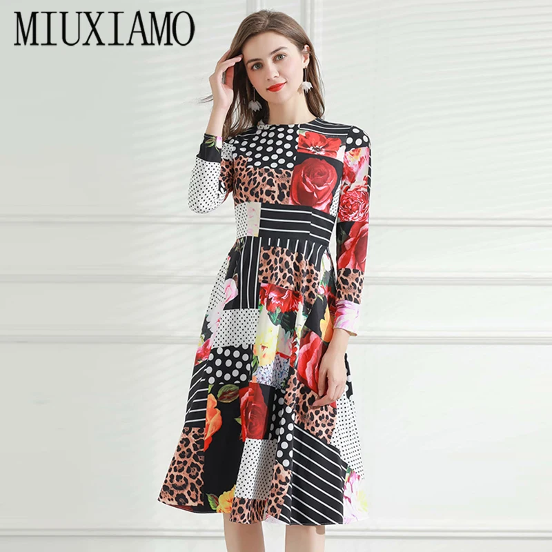 

MIUXIMAO 2021 Spring Newest Cute Dot Flower Leopard Print O-Neck Elegant Long Sleeve Casual Dress Women Vestidos
