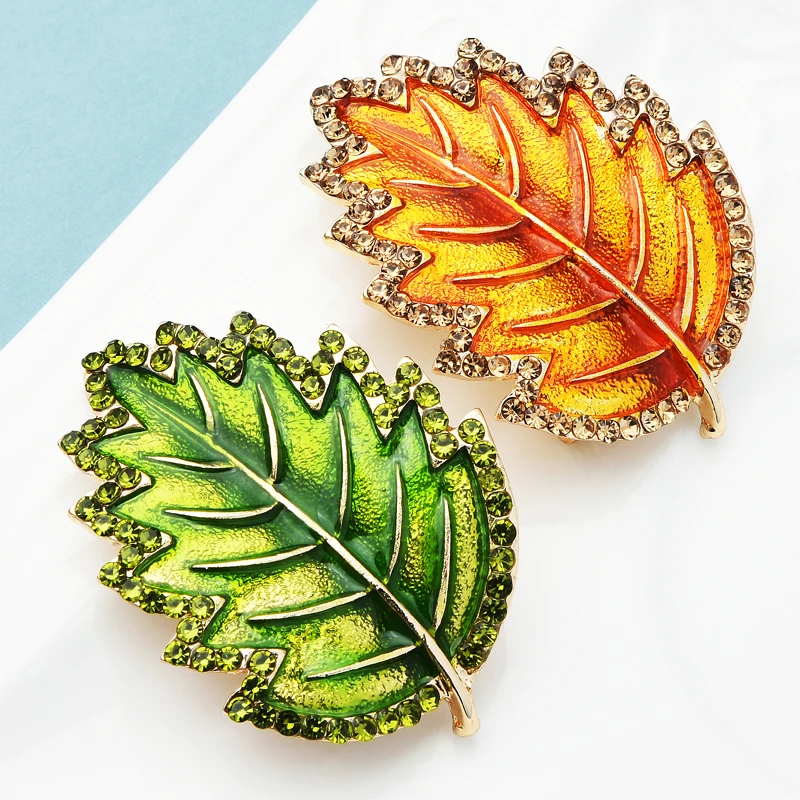 

Wuli&baby Enamel Leaf Brooches Women Men 2-color Rhinestone Plants Weddings Office Brooch Pins Gifts