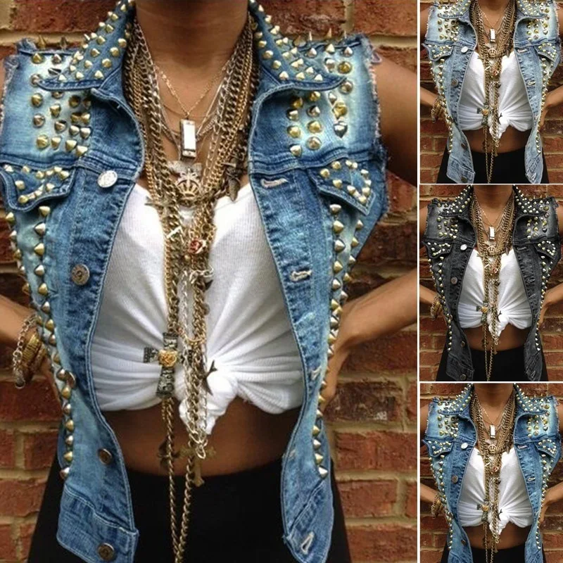 

Lugentolo Studded Denim Vest Women Jean Jacket Spring Punk Style Rivets Turn-down Collar Single Breasted Solid Plus Size Vest