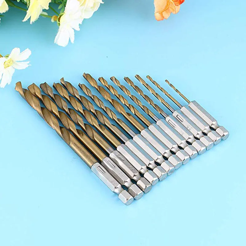 High Quality 13pcs Titanium Coated High-Speed Steel HSS Hexagonal Shank Drill 1.5-6.5mm Drill Bit Set Twist Drill Bit Sets Tools
