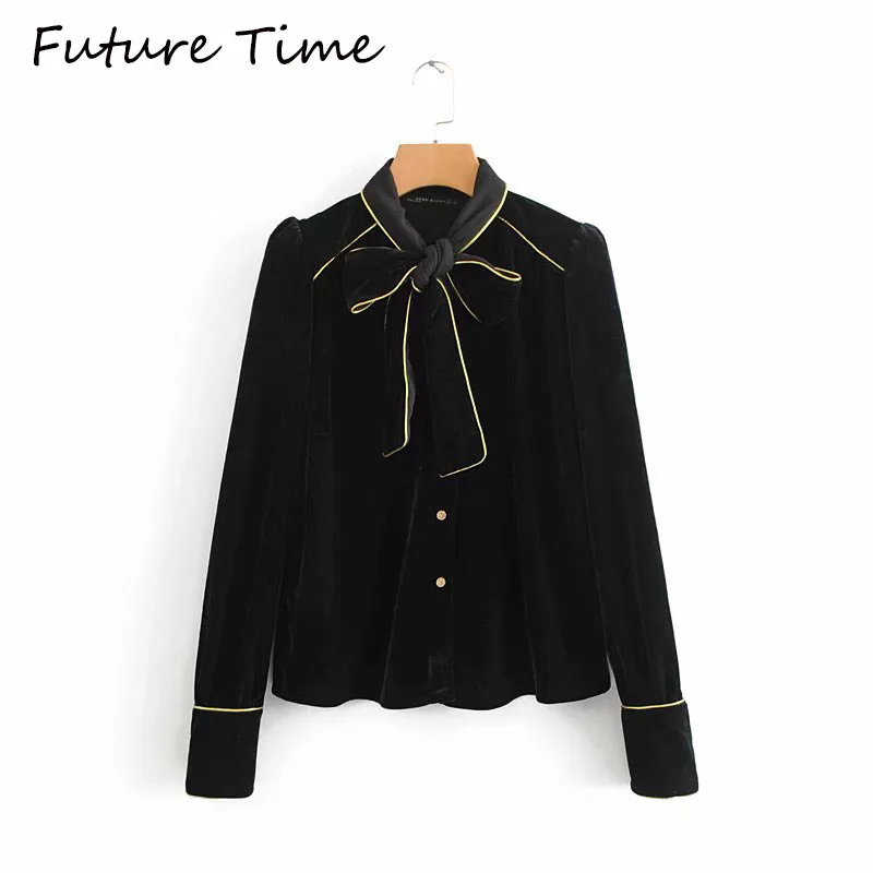 Future Time осенняя бархатная черная женская блузка свободная с длинным рукавом