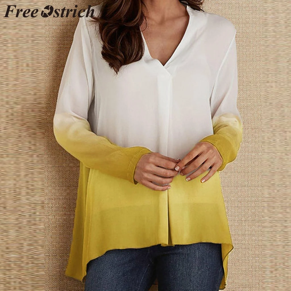 Женские топы и блузки со страусом Однотонные с v-образным вырезом длинным рукавом