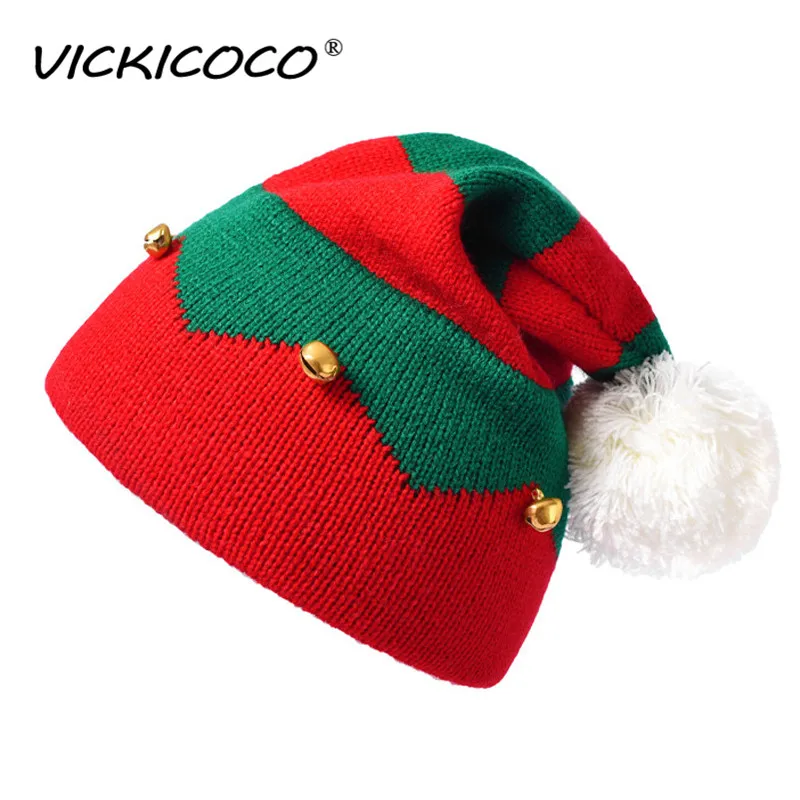 

Детские шапки, Зимняя Новая Рождественская шапка, красные зеленые полосатые колокольчики, вязаные раньше, лучшие рождественские подарки дл...