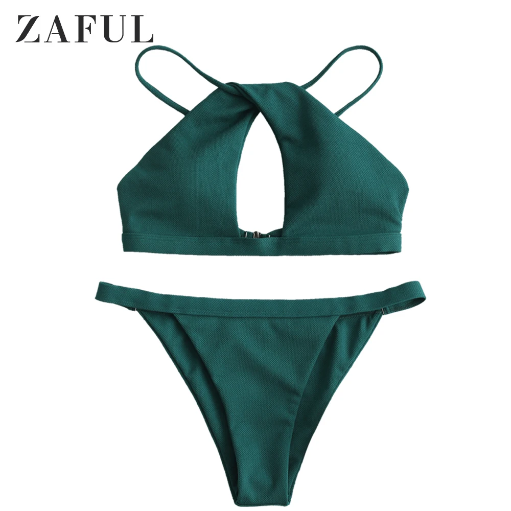 

ZAFUL Textured Twist Cutout Bikini Swimsuit Women Padded 2 Pieces Bikinis Set Sexy Solid Fashion Swimwears Female Summer Beach