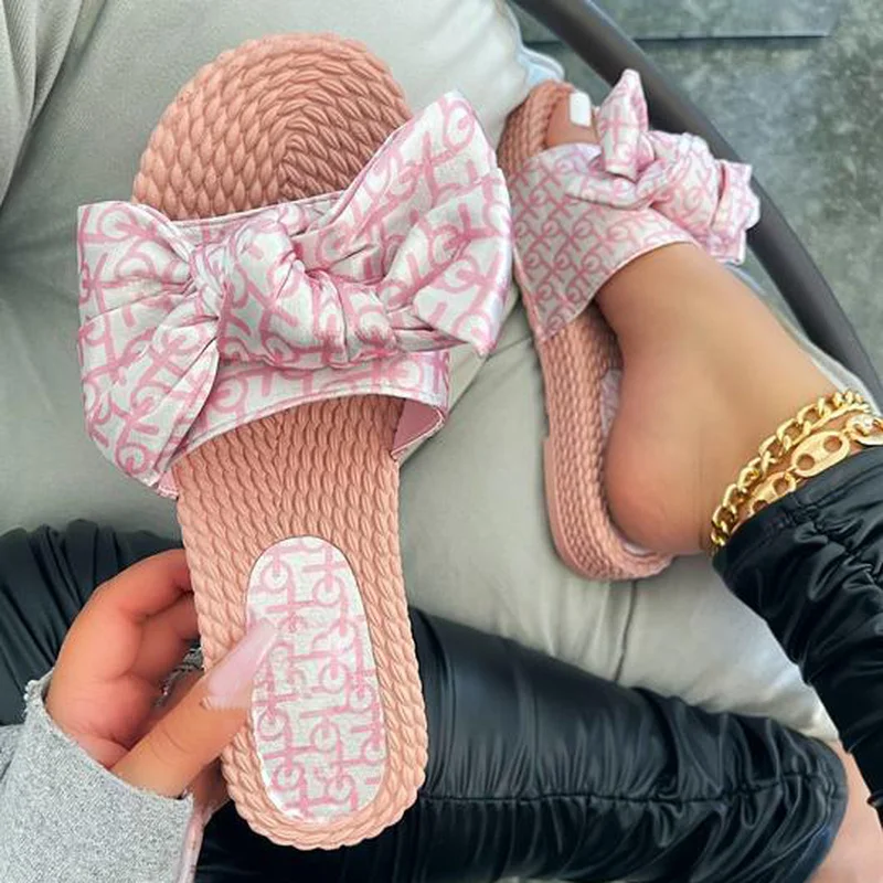 

Шлепанцы женские с пеньковой подошвой, модные милые сандалии на плоской подошве и низком каблуке, из флока, с бантом-бабочкой, Повседневные ...