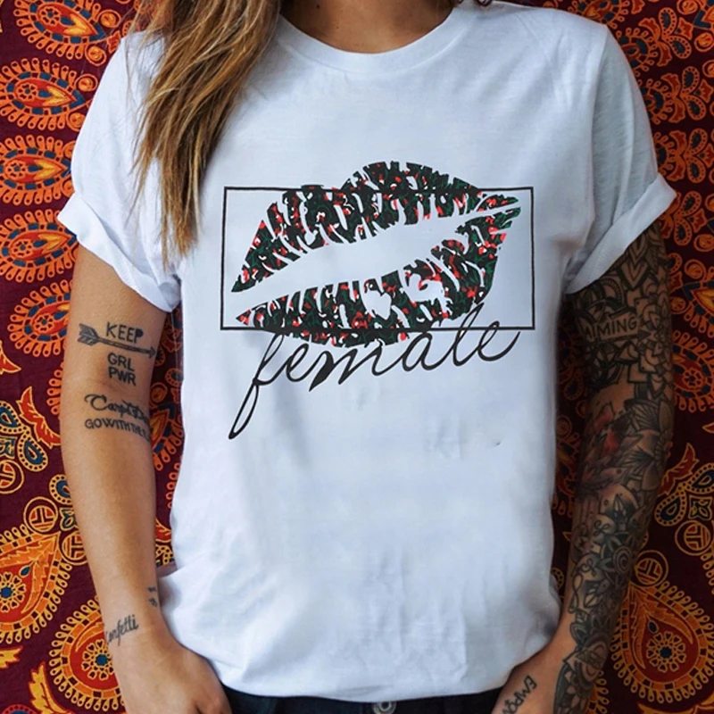 New sexy Black Lip Print T-shirt short sleeved Harajuku O collar white street Style summer fashion casual kawaii | Женская одежда