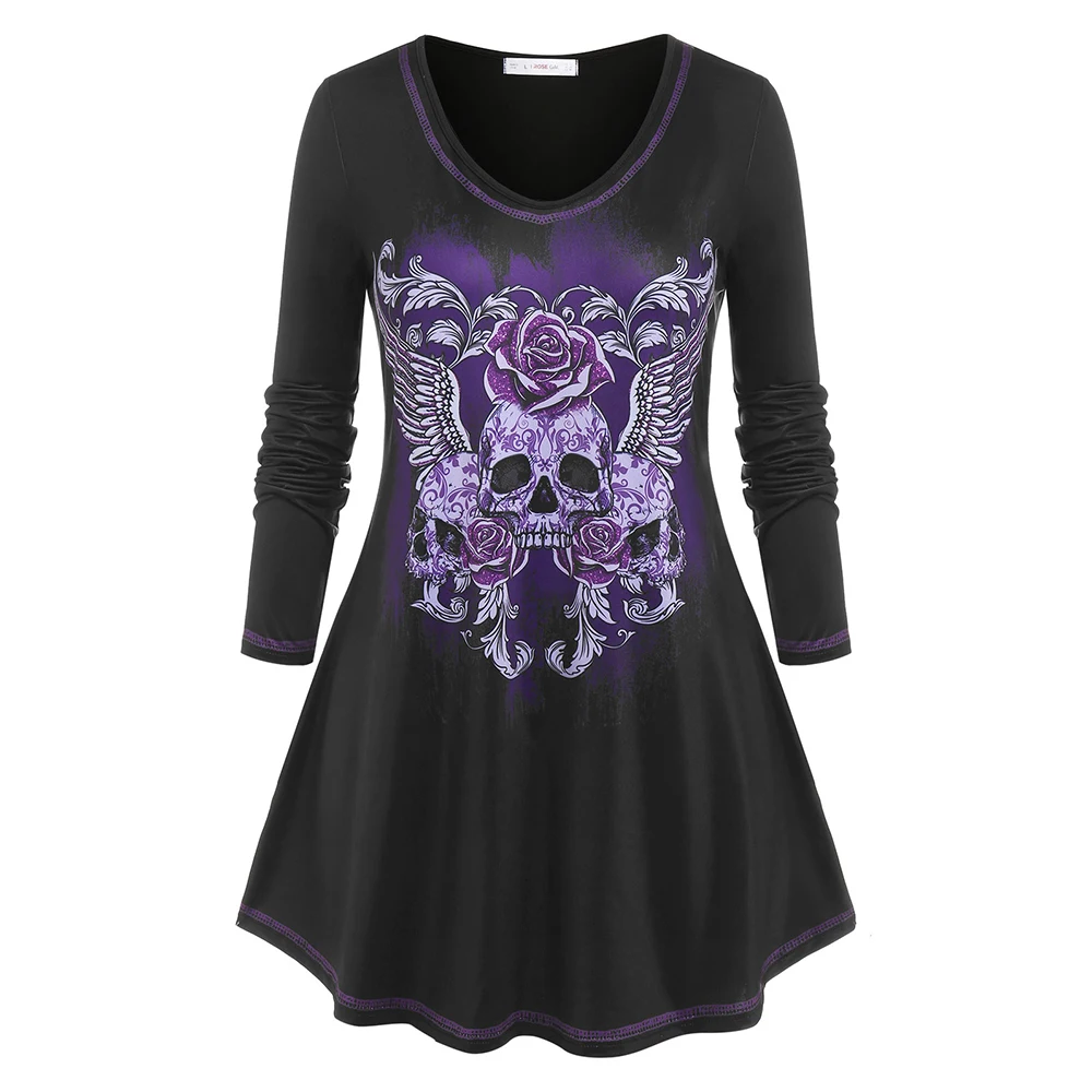 

Plus Size Halloween Skull Flower Long Sleeve Tee