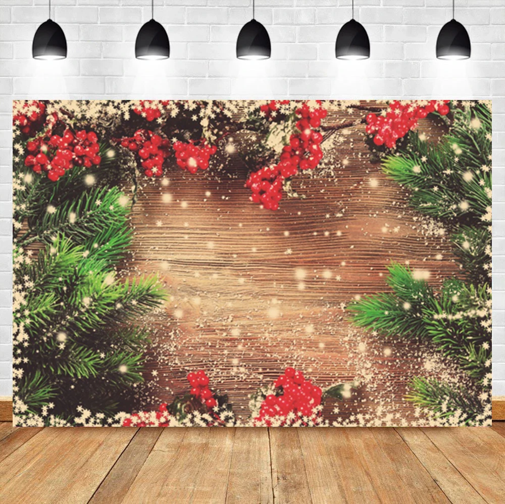 

Laeacco Christmas Wooden Board Snowflakes Branches Cherries Photography Backdrop Photographic Photo Background For Photo Studio