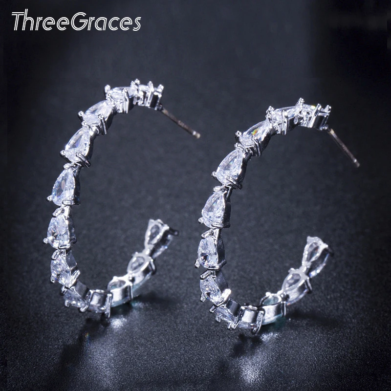 Женские блестящие серьги-кольца Threegraces с кубическим цирконием серебристого