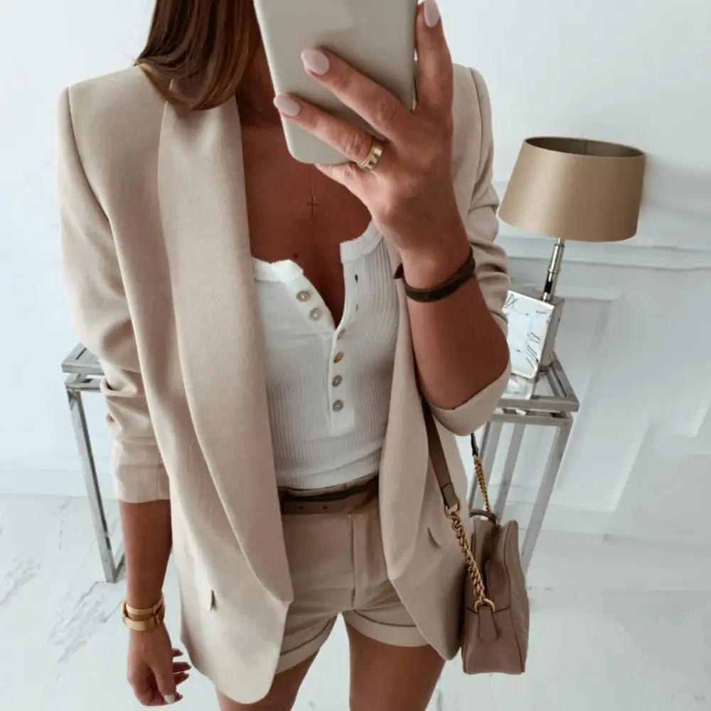 

80% Hot Sell Office Lady Open Front Solid Color Long Sleeve Lapel Blazer Suit with Pockets