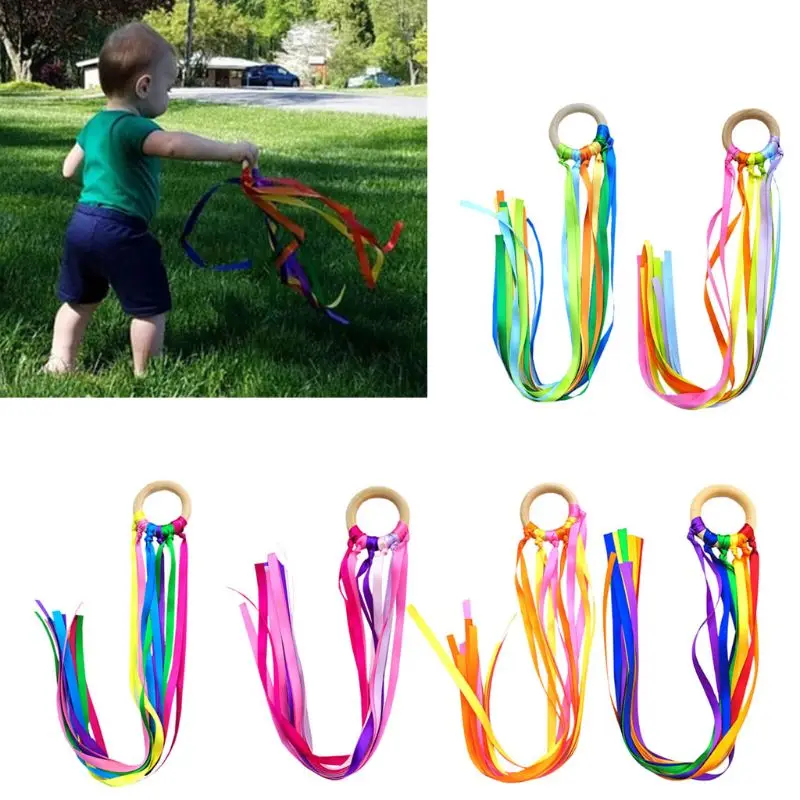 Радужное кольцо из натурального дерева с лентой игрушки Вальдорф детский