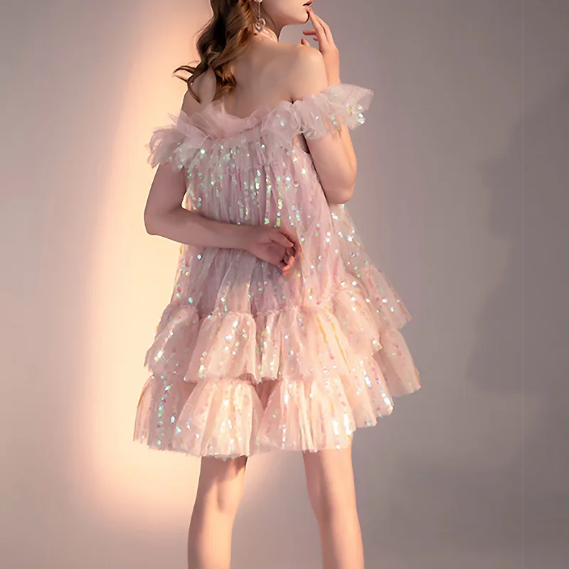 

Summer Mesh Beach Dress Women Sweet Casual Mini Luxury Backless Fairy Elegant Dress Vestidos Halter Off Shoulder Ruffles Sequins