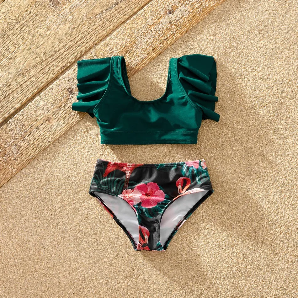 

PatPat 2021 New Summer Ruffle Sleeve Flamingo Print Matching Swimsuits