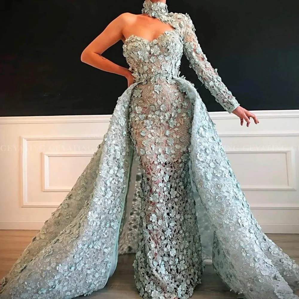 

Glamorous Light Blue Lace Mermaid Evening Dresses One Shoulder Sleeve High Collar 3D Floral Appliques Pageant Party Gowns