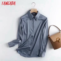 tangada women high quality gray satin shirts long sleeve solid turn down collar elegant office ladies work wear blouses 4c82