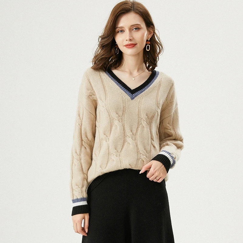 Женский кашемировый свитер свободный с V-образным вырезом Осень-Зима 100% | Женская