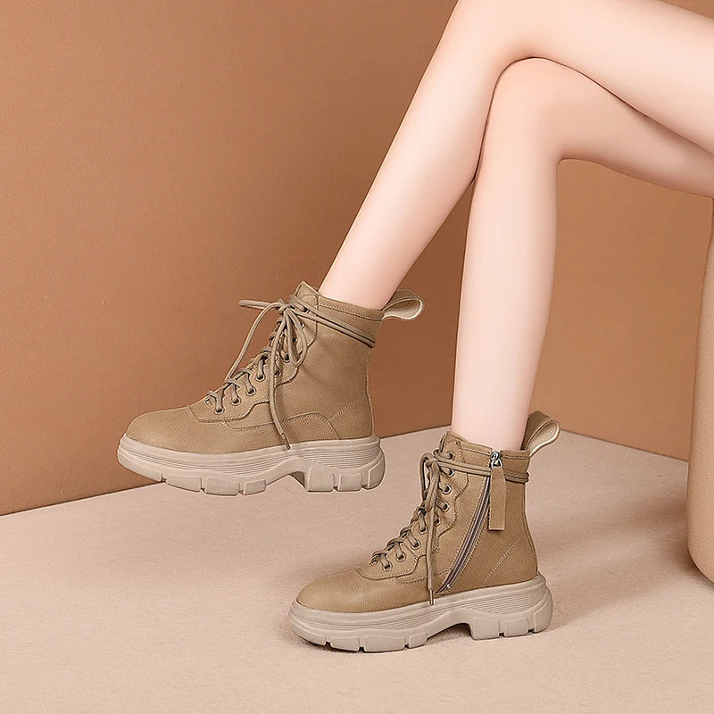 

LDHZXC New Boots Women Platform Warm Shoes Winter Fashion Ankle Boots Lace-up Cow Leather Boots Women Botas Mujer