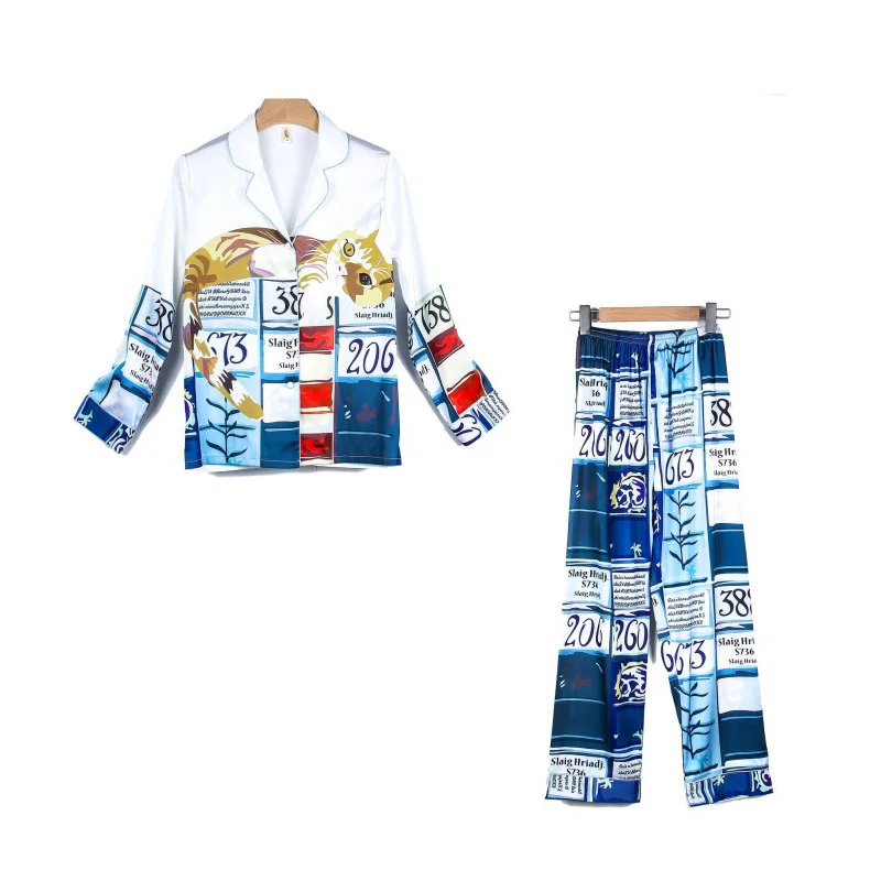Spring and autumn new pajamas set female printing simulation silk pyjamas fashion trend ice home service 2 pieces sleepwear | Женская