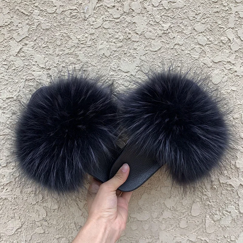 

Real Fur Slides Women Big Fur Slippers Summer Furry Slides Fluffy Slippers Female Flip Flops With Fur Women's Sandals Shoes 2021