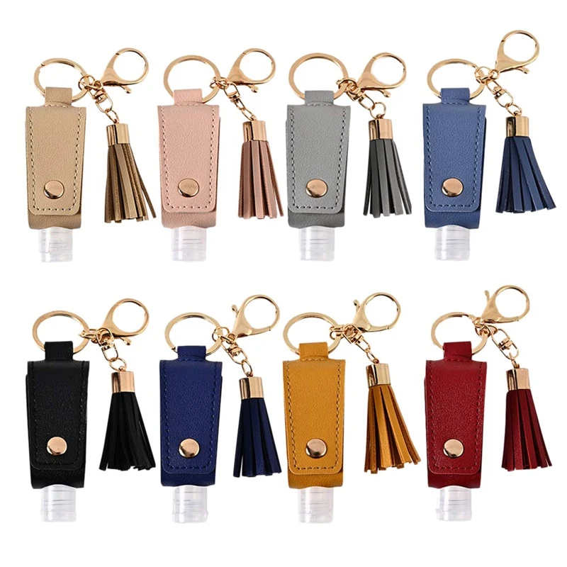 

8Pc Leather Travel Bottle Keychain Holder Set Leather Key Chain with 30Ml Clear Refillable Flip Cap Empty Travel Bottles