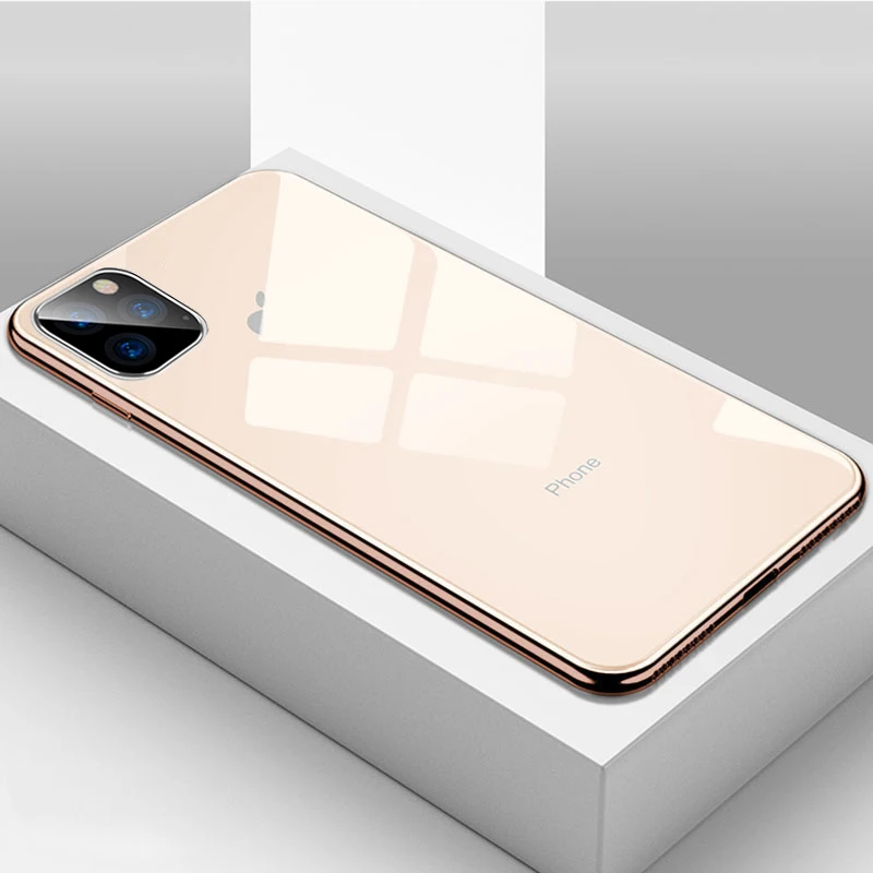Luxury Electroplated Glass Phone Case For iPhone XS MAX XR X 7 8 6 6s Plus Logo Plating Cover For iPhone 11 Pro Shockproof Case - Color: Gold