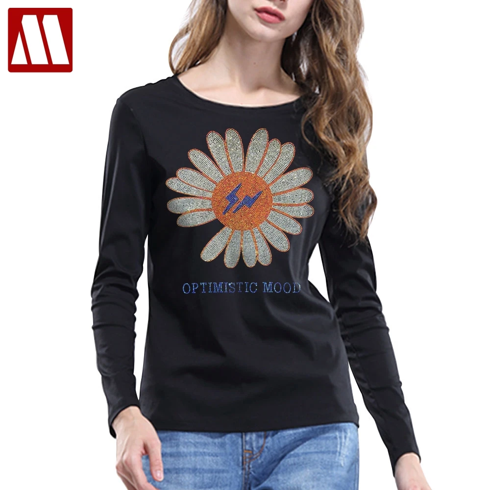 

2022 Girl Cute Sunflower Tees Women Fashion Summer Cotton Tops T-shirt Shinning Rhinestone Long Sleeve Lady O Neck Size 5XL