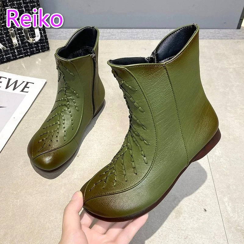 

Новинка Осень-зима 2021, короткие сапоги в этническом стиле ретро из воловьей кожи на мягкой подошве и низком каблуке, с круглым носком, средне...