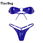 TiaoBug женский Блестящий металлический сексуальный комплект бикини, бюстгальтер без бретелек, мини-топы с стринги, нижнее белье, купальник, пляжная одежда