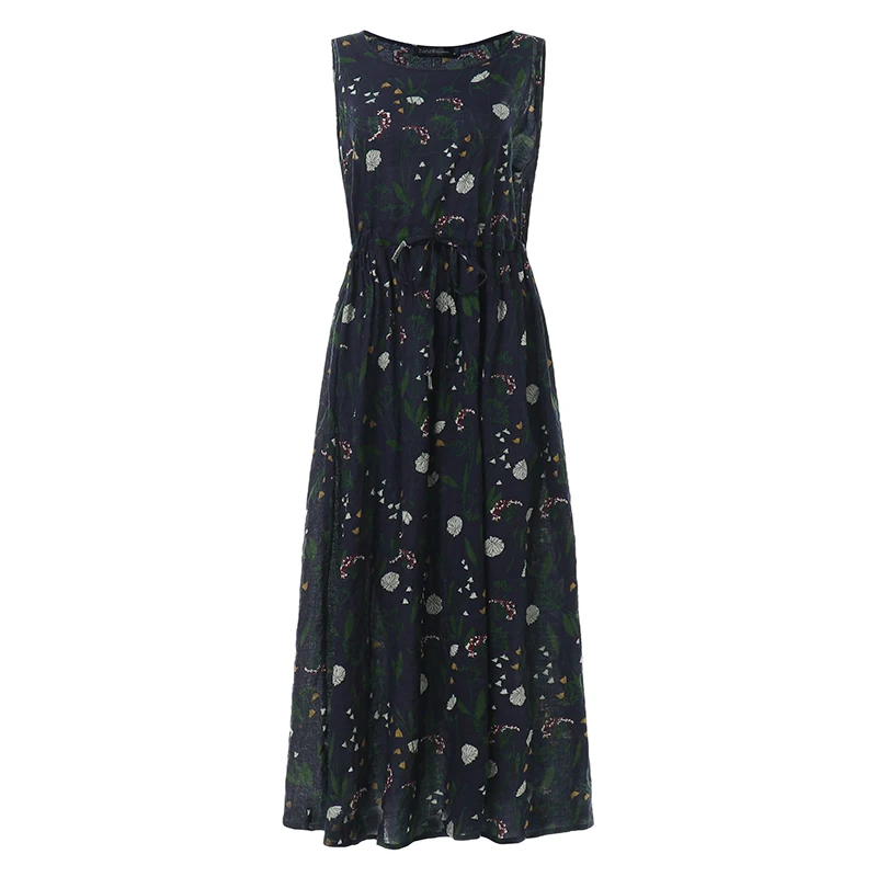ZANZEA, летнее платье, женские длинные платья, Vestidos, без рукавов, в винтажном стиле, цветочный принт, длинный халат, Femme, женский сарафан размера плюс