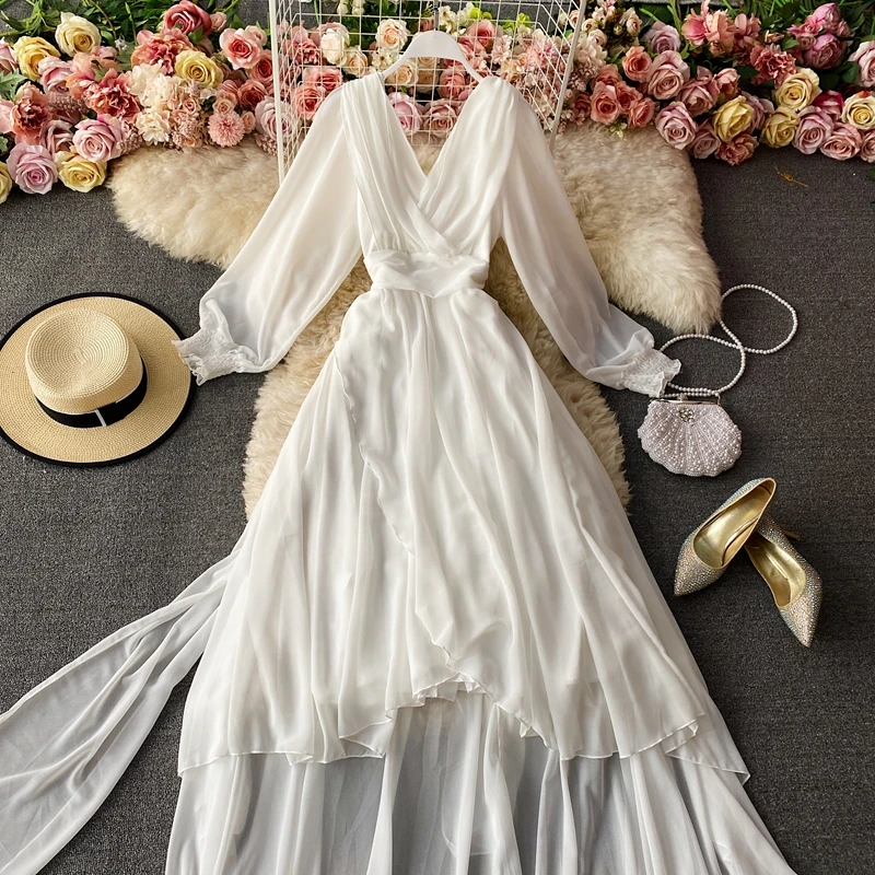 

ZCWXM Beach Solid White Long Dress Women V-Neck Holiday Asymmetrical Dresses 2021 Summer Korean Chic Vestidos De Mujer