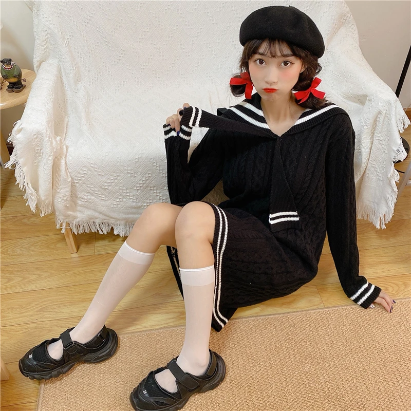 

Make firm offers in long loose thickening heavy autumn/winter twist navy collar fur garments knitted dress