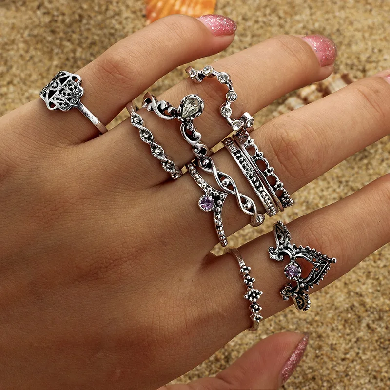 

New Fashion Ring Set Hollow Twist Palm Crown Charm Female Joint Ring Gift