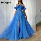 Элегантное голубое обручальное платье-трапеция soцелевой, с открытыми плечами, без рукавов, с разрезом, со складками, для выпускного вечера