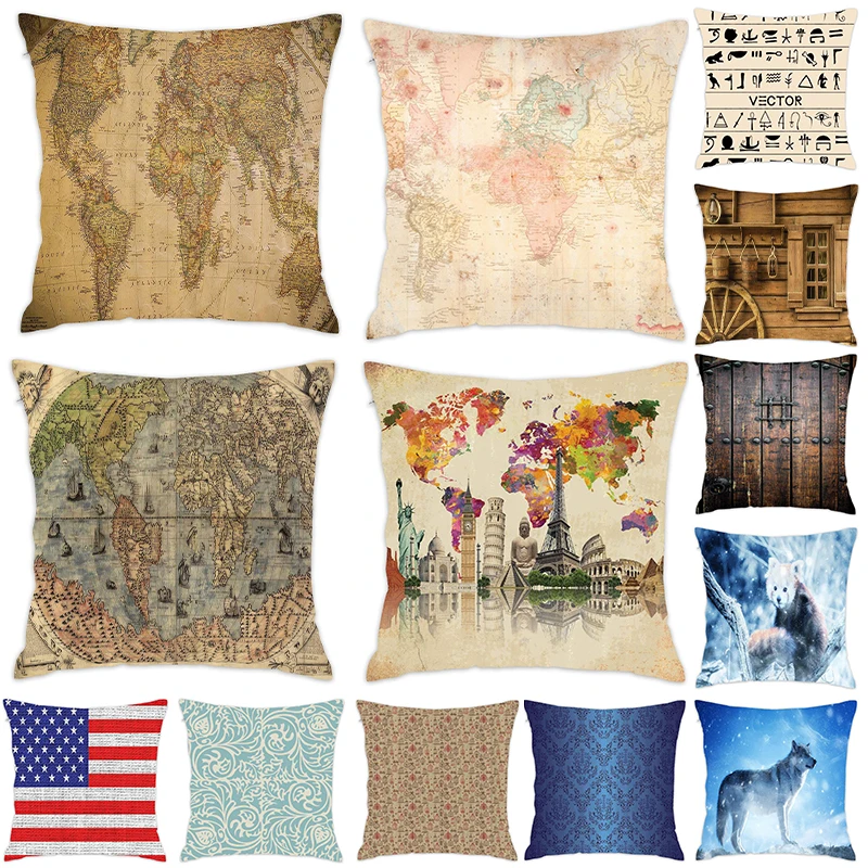 

[Douladou] Vintage Ancient World Map Pillow Cushion Cover Polyester Decorative Pillowcase Throw Pillow Case Home Decor 45x45CM